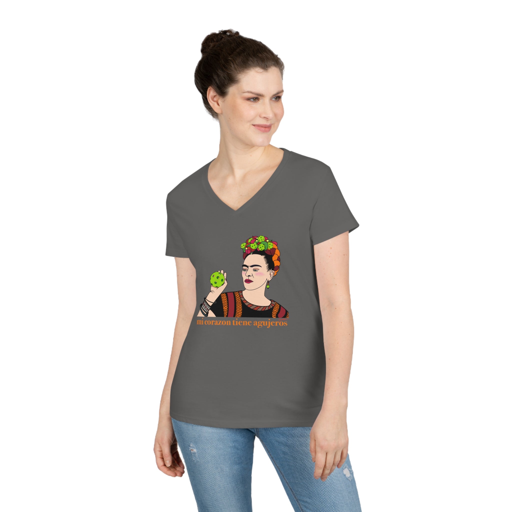 MI CORAZON TIENE AGUJEROS LADIES’ V-NECK T-SHIRT